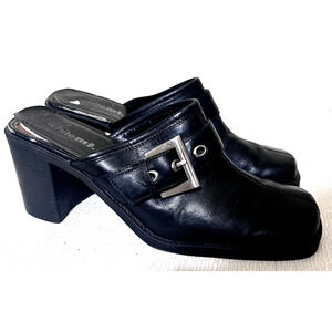 White Mountain Black Leather Heels Buckle Clogs Slip On Shoes Size 8M Career